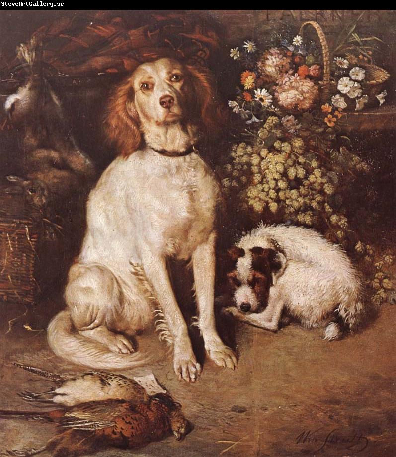 William Strutt Dogs with Flowers and game